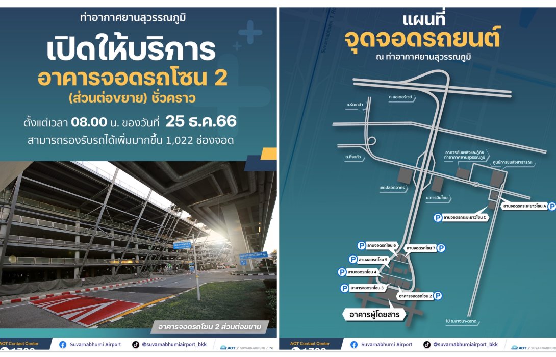 สุวรรณภูมิ เปิดโซนที่จอดรถชั่วคราว รองรับผู้ใช้บริการช่วงปีใหม่ 