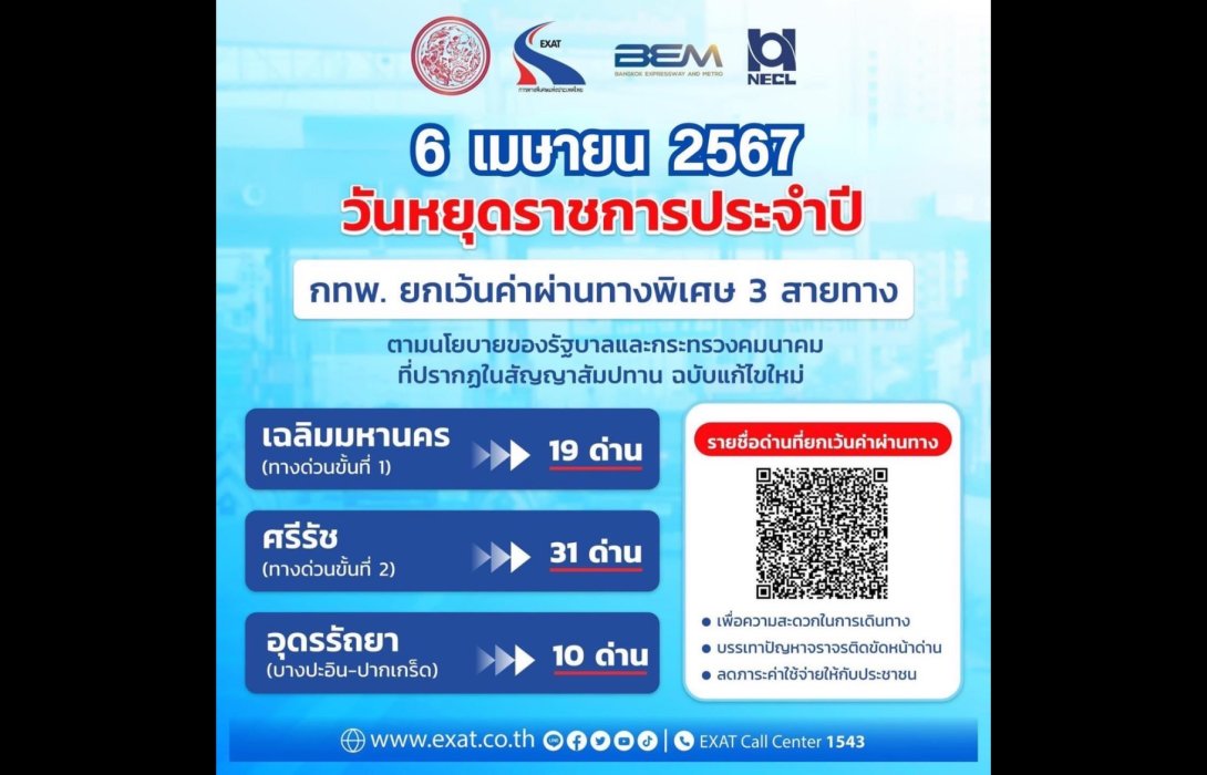 6 เมษายน 2567 กทพ. ยกเว้นค่าผ่านทางพิเศษ 3 สายทาง