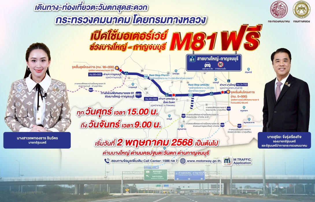กรมทางหลวงเปิดวิ่งฟรี! มอเตอร์เวย์ “บางใหญ่- กาญจนบุรี” วิ่งฉิวเหลือเพียง 1 ชม. 