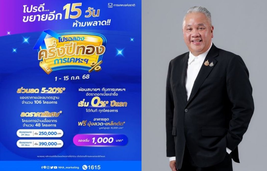 การเคหะแห่งชาติขยายเวลาแคมเปญ “ฉลองครึ่งปีทองกับการเคหะแห่งชาติ 2568” ถึง 15 กรกฎาคมนี้ ดอกเบี้ย 0% ปีแรก จองเพียง 1,000 บาท เริ่มต้นเพียง 250,000 บาท