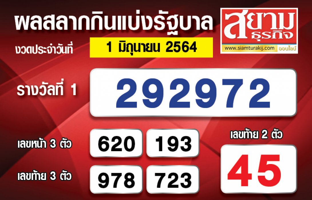 ผลการออกรางวัลสลากกินแบ่งรัฐบาล งวดประจำวันที่ 1 มิถุนายน 2564