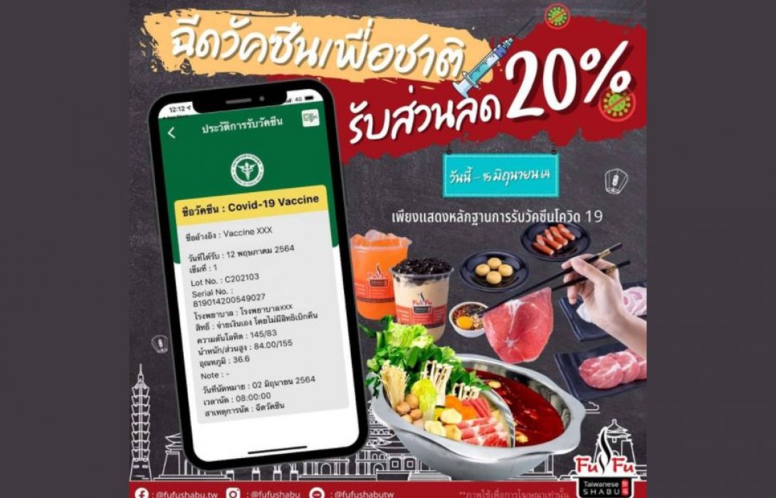 ฉีดวัคซีน หรือลงทะเบียนฉีดแล้วโชว์หลักฐานได้เลย..รับทันทีส่วนลด 20% “FUFU SHABU (ฟู่ฟู่ ชาบู ไต้หวัน)”