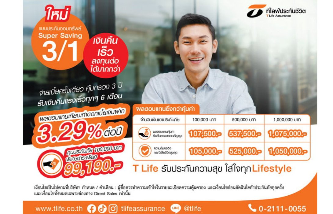 ที ไลฟ์ ตอบโจทย์นักลงทุนรุ่นใหม่ ออก “แบบประกันออมทรัพย์ Super Saving 3/1” ออมสั้น 3 ปี จ่ายเบี้ยครั้งเดียว ผลตอบแทนสูง 3.29% ต่อปี แซงหน้าดอกเบี้ยเงินฝากธนาคาร