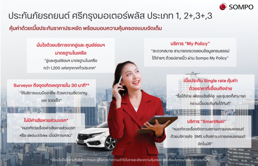 ซมโปะ ร่วมกับ ศรีกรุงโบรคเกอร์ รุกตลาดประกันภัยรถยนต์ เปิดตัว “ศรีกรุงมอเตอร์พลัส” แผนประกันรถยนต์สุดคุ้มค่า เบี้ยประกันราคาประหยัด ให้ความคุ้มครองที่ครอบคลุม เสริมทัพด้วยหลากหลายบริการแบบจัดเต็ม