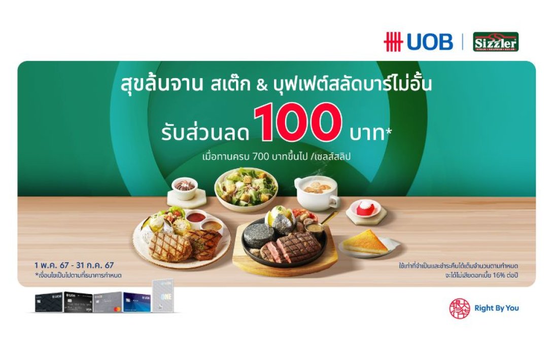 ยูโอบี ผนึก “ซิซซ์เล่อร์” จัดโปรโมชันพิเศษ ทานครบ 700 บาทขึ้นไป รับส่วนลด 100 บาท ตั้งแต่ 1 พ.ค. – 31 ก.ค. นี้ สำหรับผู้ถือบัตรยูโอบีเท่านั้น