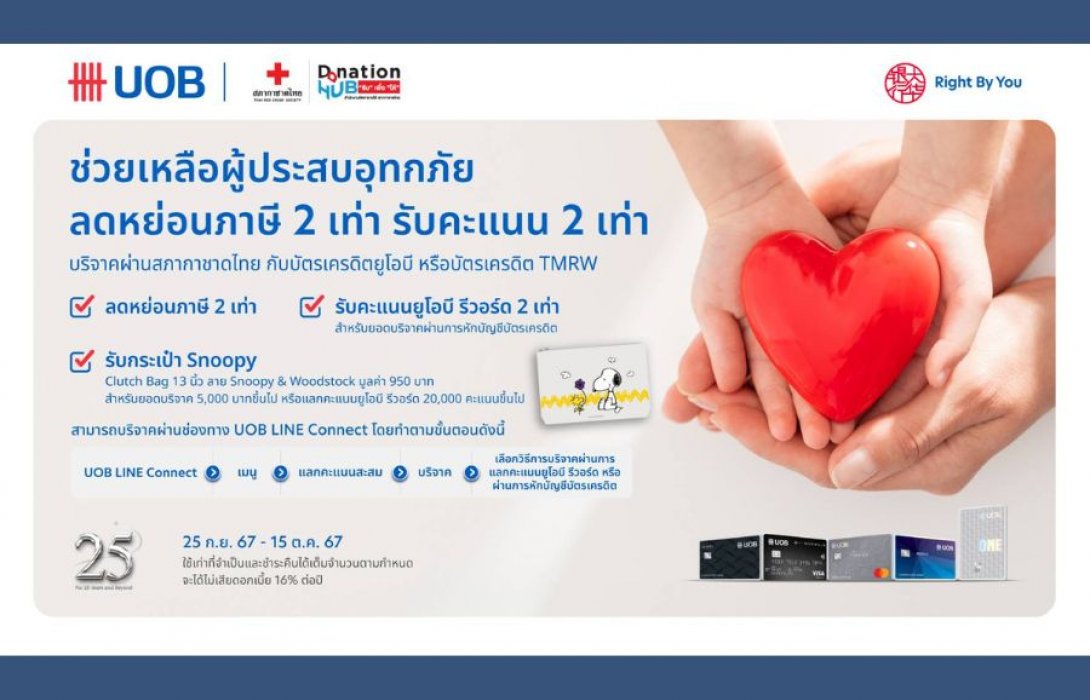 ยูโอบี ประเทศไทย ชวนคนไทยร่วมใจช่วยผู้ประสบภัยน้ำท่วมภาคเหนือ  มอบสิทธิประโยชน์แก่ผู้ร่วมบริจาค 