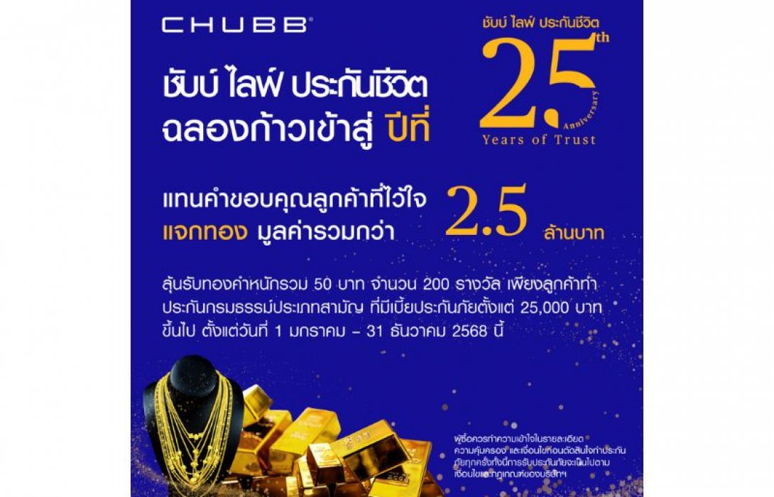 ชับบ์ ไลฟ์ ประกันชีวิต ฉลองก้าวสู่ปีที่ 25 แจกทองคำหนักรวม 50 บาท มูลค่ากว่า 2.5 ล้านบาท ตลอดปี