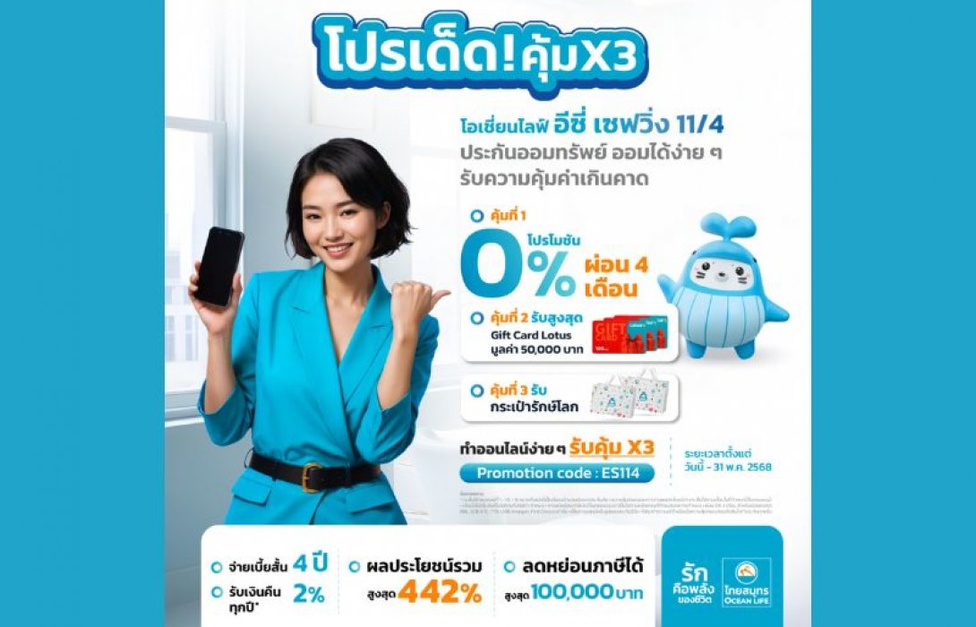 OCEAN LIFE ไทยสมุทร เปิดตัว “โอเชี่ยนไลฟ์ อีซี่ เซฟวิ่ง 11/4” ประกันออมทรัพย์ ลดหย่อนภาษี พร้อมโปรโมชัน “คุ้ม 3 ต่อ” จัดเต็ม!
