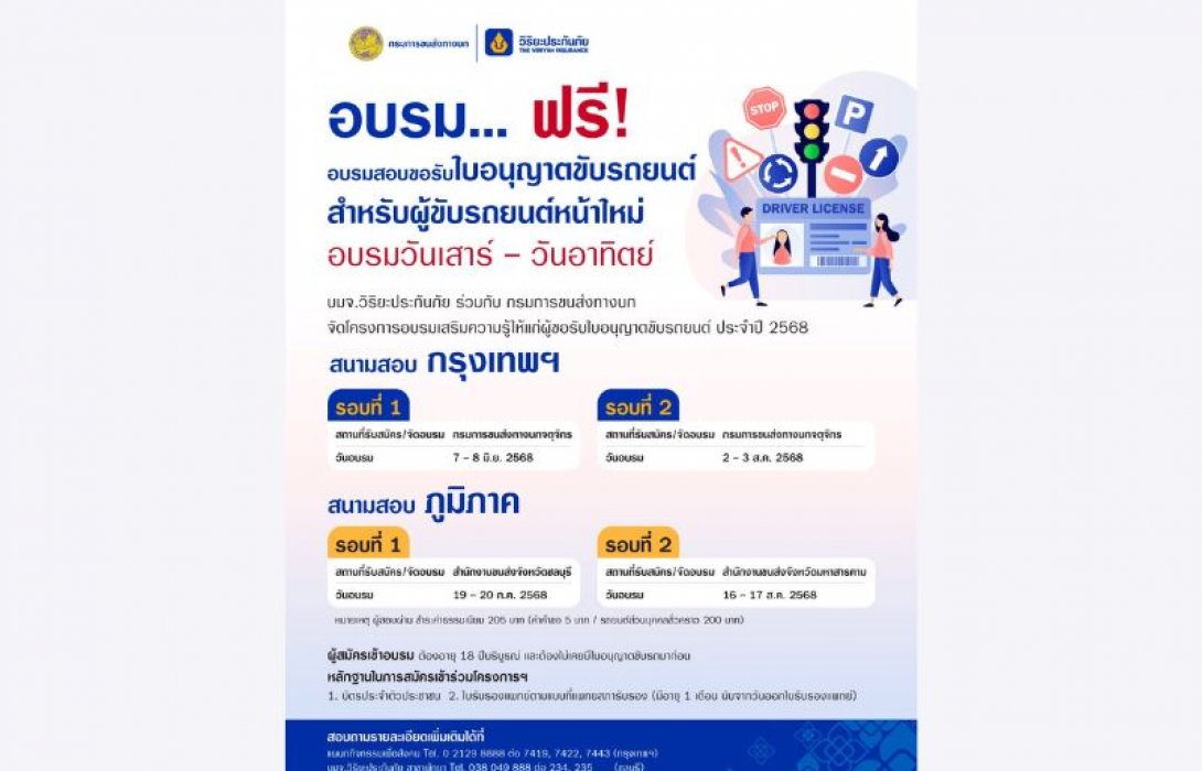วิริยะประกันภัย - กรมการขนส่งทางบก จัดอบรมใบขับขี่ ประจำปี 2568 เปิดอบรม 4 รุ่น ทั้งส่วนกลางและภูมิภาค “กรุงเทพฯ – ชลบุรี - มหาสารคาม”