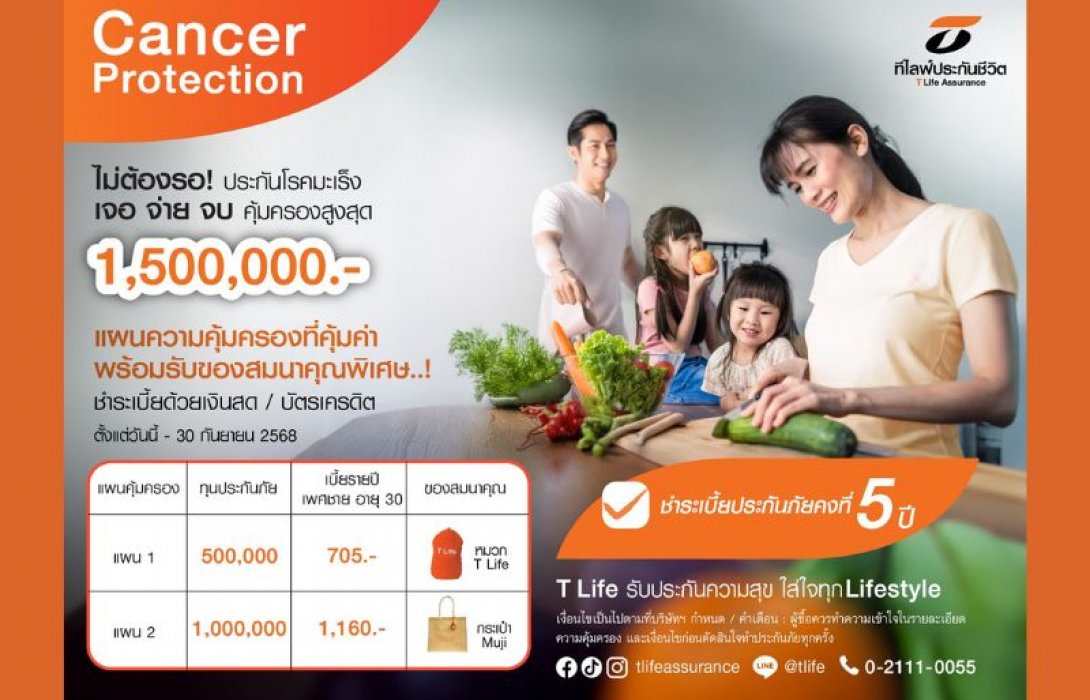 ที ไลฟ์ ประกันชีวิต เปิดตัว “Cancer Protection” จ่ายเบี้ยเริ่มต้นปีละ 705 บาท คุ้มครองมะเร็งทุกระยะ จ่ายเงินก้อนทันทีเมื่อตรวจพบ 