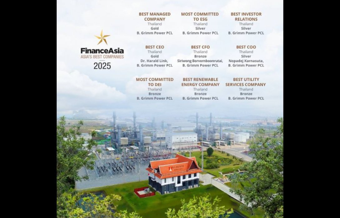 บี.กริม เพาเวอร์ คว้า 9 รางวัลยอดเยี่ยม ประจำปี 2025 จากนิตยสาร FinanceAsia ตอกย้ำผู้ผลิตพลังงานชั้นนำระดับเอเชีย