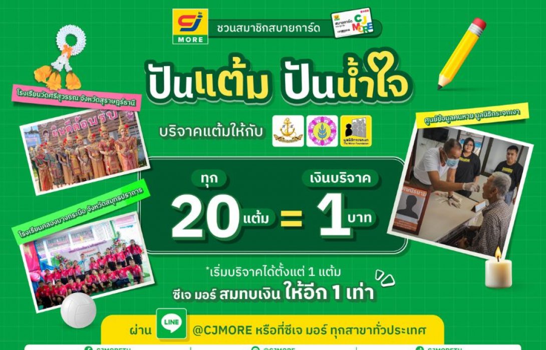 ซีเจ มอร์ ชวนสมาชิกสบายการ์ด “ปันแต้ม ปันน้ำใจ” เปลี่ยนแต้มสะสมเป็นโอกาสเพื่อเด็ก ๆ ในชุมชน และครอบครัวในสังคมไทย
