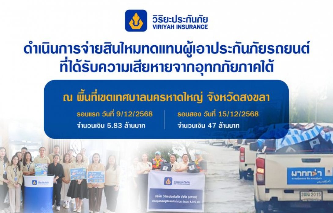 วิริยะประกันภัย เร่งจ่ายสินไหมฯ ผู้เอาประกันภัยในพื้นที่ประสบอุทกภัยภาคใต้