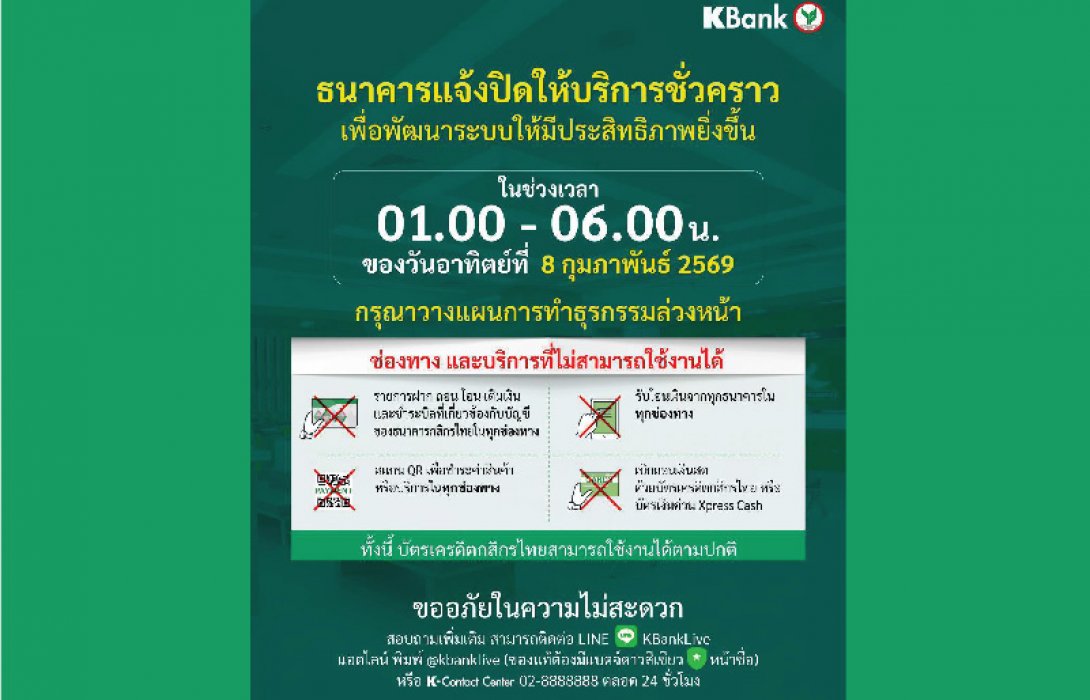 กสิกรไทยแจ้งปิดปรับปรุงระบบชั่วคราว ช่วง 01:00 - 06:00 น. ของวันที่ 8 ก.พ.69