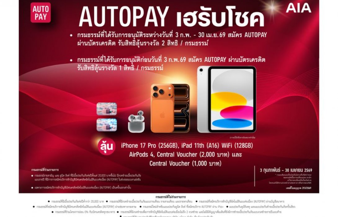 เอไอเอ ชวนลูกค้าสมัคร AUTOPAY ลุ้นรับรางวัลใหญ่กับแคมเปญ “AUTOPAY เฮรับโชค”  รวมมูลค่ากว่า 580,000 บาท