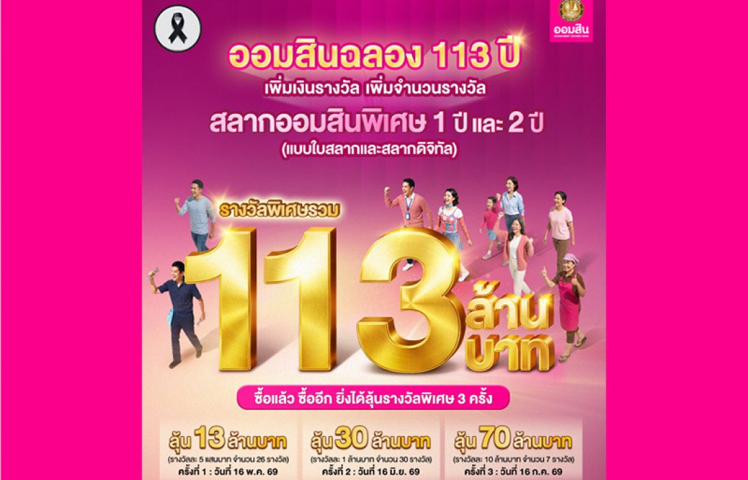 ออมสิน ฉลอง 113 ปี เพิ่มจำนวนรางวัล เพิ่มเงินรางวัล รวม 113 ล้านบาท ให้ลูกค้าสลากออมสินได้ลุ้นโชคถึง 3 ครั้ง ยิ่งซื้อยิ่งได้ลุ้น จับรางวัลครั้งแรก 16 พ.ค.