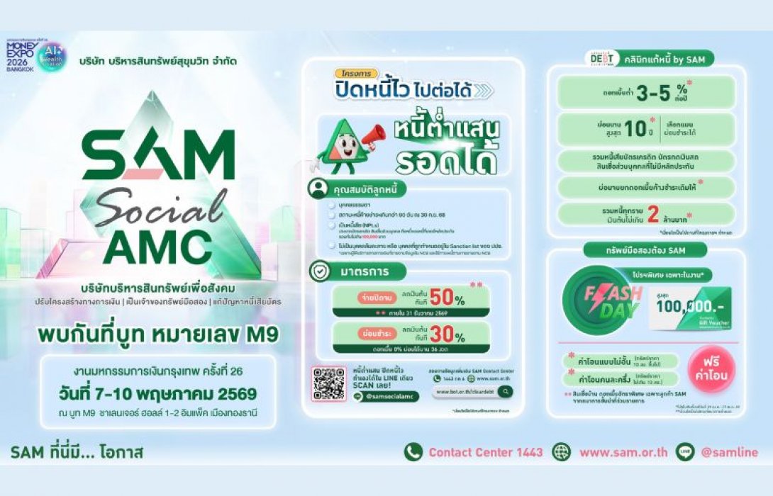 SAM ชูโครงการ “ปิดหนี้ไว ไปต่อได้” ร่วมงาน Money Expo Bangkok 2026 ยกโซลูชันแก้หนี้ครบวงจร ให้คนไทยเริ่มต้นใหม่ทางการเงินอย่างยั่งยืน พร้อมเปิดโอกาสลงทุนผ่านทรัพย์ NPA และมาตรการช่วยลูกหนี้ NPL