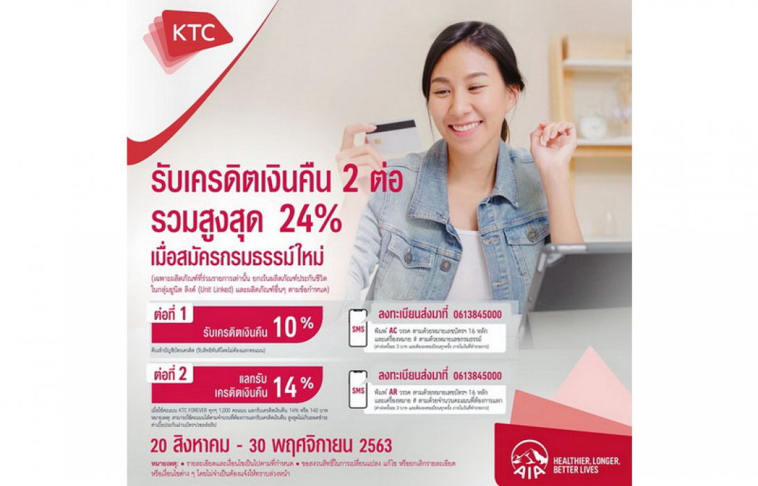 เอไอเอ ประเทศไทย เปิดตัวโครงการสิทธิพิเศษเครดิตเงินคืนสูงสุด 24% เมื่อชำระค่าเบี้ยประกันชีวิตปีแรก แบบรายปี กับบัตรเครดิตเคทีซี