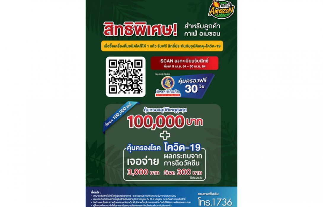 ทิพยประกันภัย ร่วมกับ คาเฟ่ อเมซอน มอบสิทธิ์ประกันภัยอุบัติเหตุส่วนบุคคลและประกันโควิด-19 ให้ลูกค้า คาเฟ่ อเมซอน 1 แสนสิทธิ์ฟรีทุนประกันภัย 1 แสนบาท คุ้มครอง 30 วัน 