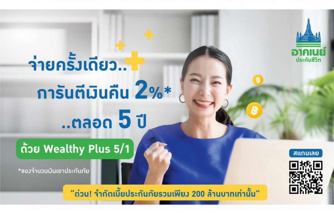 อาคเนย์ประกันชีวิต ชวนคนไทยวางแผนสุขภาพการเงิน ด้วย “Wealthy Plus 5/1” จ่ายเบี้ยครั้งเดียว รับผลตอบแทนสูง