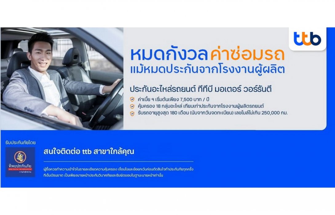 ทีเอ็มบีธนชาต แนะนำ “ประกันอะไหล่รถยนต์ ทีทีบี มอเตอร์ วอร์รันตี” ให้ลูกค้าหมดกังวลกับค่าซ่อมรถไม่คาดคิด คุ้มครอง 18 กลุ่มอะไหล่หรือ 311 รายการ ซ่อมศูนย์ได้สบายใจ ช่วยวางแผนชีวิตทางการเงินได้ง่ายขึ้น