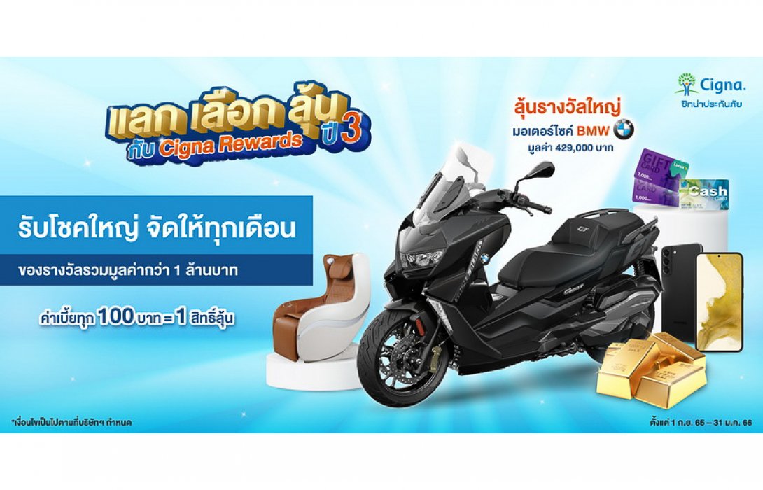 กลับมาตามคำเรียกร้อง! แลก เลือก ลุ้น กับ Cigna Rewards ปี 3 แคมเปญที่ ‘ยิ่งจ่ายยิ่งได้สิทธิ์ลุ้น’ มาพร้อมรางวัลใหญ่ รถจักรยานยนต์ไฮเอนด์ BMW C400GT