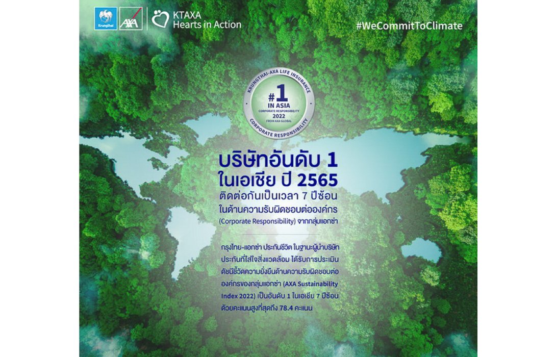 กรุงไทย–แอกซ่า ประกันชีวิต คว้าอันดับ 1 ในเอเชีย 7 ปีซ้อน ด้านความรับผิดชอบต่อองค์กร (CR)