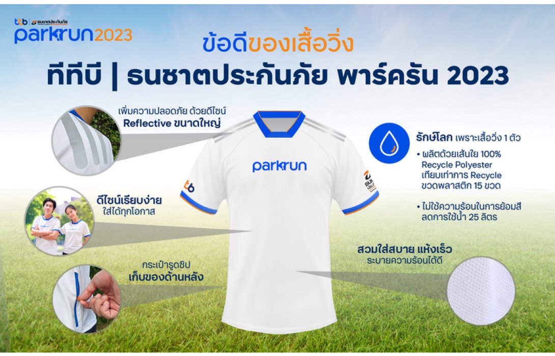 เสื้อวิ่ง ทีทีบี | ธนชาตประกันภัย พาร์ครัน 2023 ไอเทมเด็ดที่นักวิ่งห้ามพลาด! ตอบโจทย์เทรนด์รักษ์โลก ผลิตจากเส้นใยโพลีเอสเตอร์รีไซเคิล 100% การใส่สีสีที่ลดการใช้น้ำในกระบวนการผลิต เป็นมิตรต่อสิ่งแวดล้อม