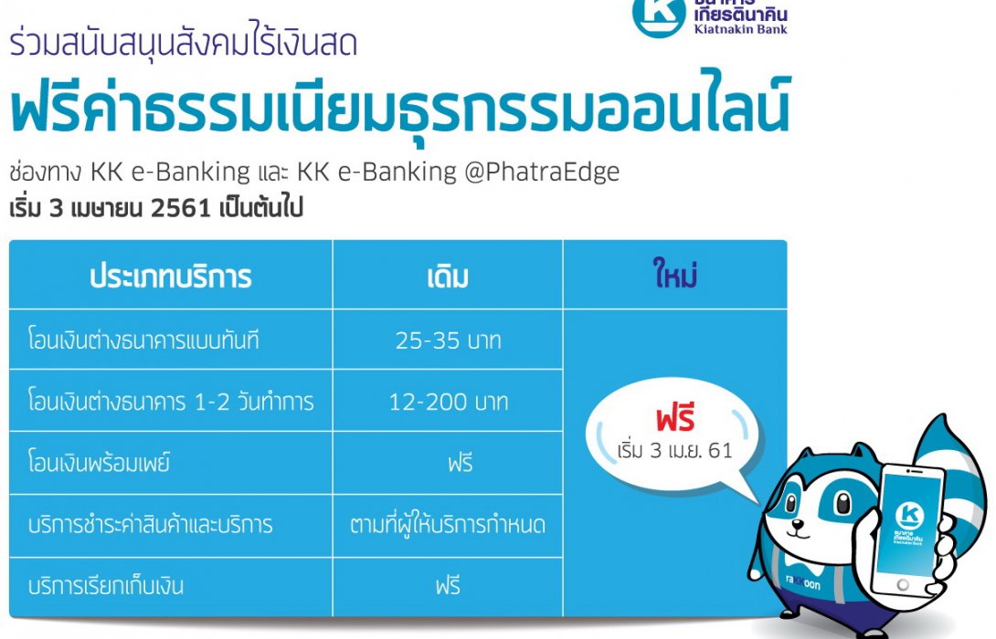 เกียรตินาคินประกาศฟรีค่าธรรมเนียมธุรกรรมออนไลน์ สนับสนุนประเทศเข้าสู่สังคมไร้เงินสด