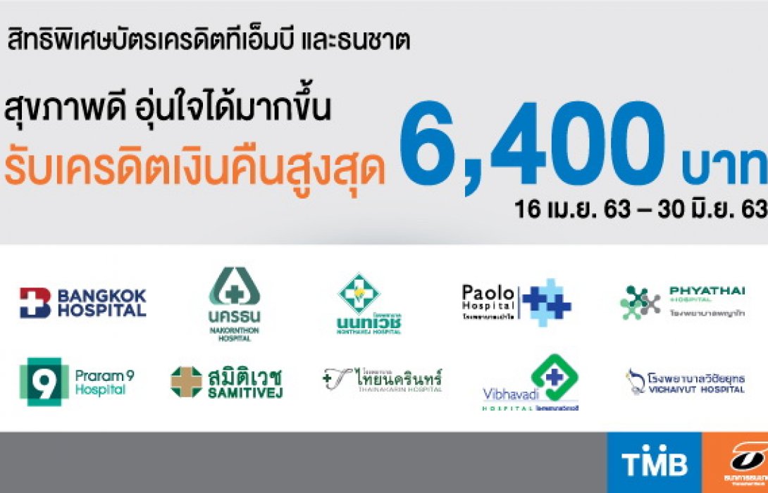 บัตรเครดิตทีเอ็มบี-ธนชาต มอบโปรโมชั่นสุขภาพดี อุ่นใจได้มากขึ้น รับเครดิตเงินคืนสูงสุด 6,400 บาท