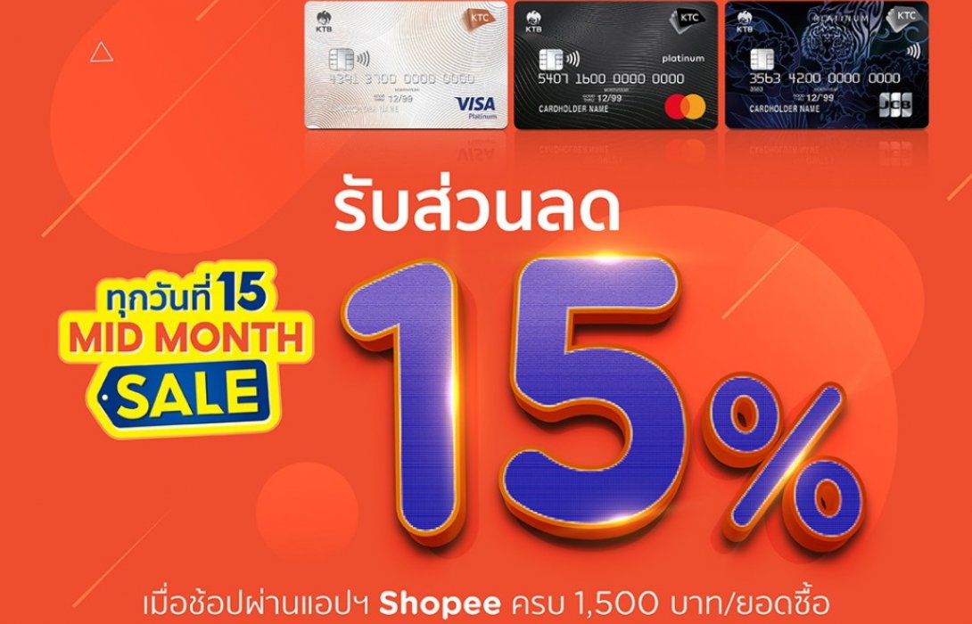 เคทีซี-ช้อปปี้จัดส่วนลดสุดปัง15%ทุกวันที่15 ผ่านกิจกรรม KTC x Shopee Mid Month Sale 