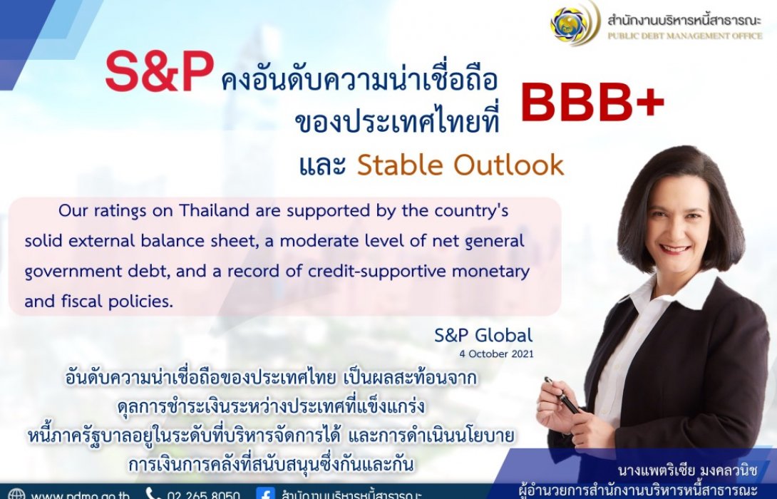 S&P คงอันดับความน่าเชื่อถือของประเทศไทยที่ BBB+ 