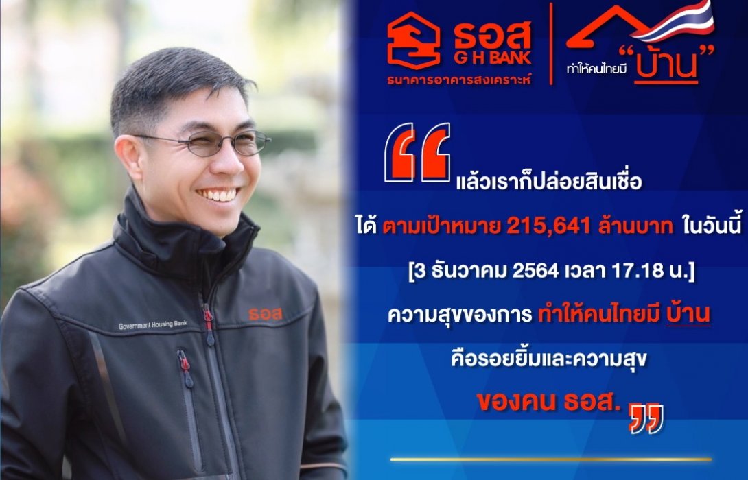 ธอส.ปล่อยสินเชื่อเกินเป้า ปล่อยได้แล้ว 215,701 ล้านบาทคาดสิ้นปีปล่อยได้ถึง240,000ล้านบาท 