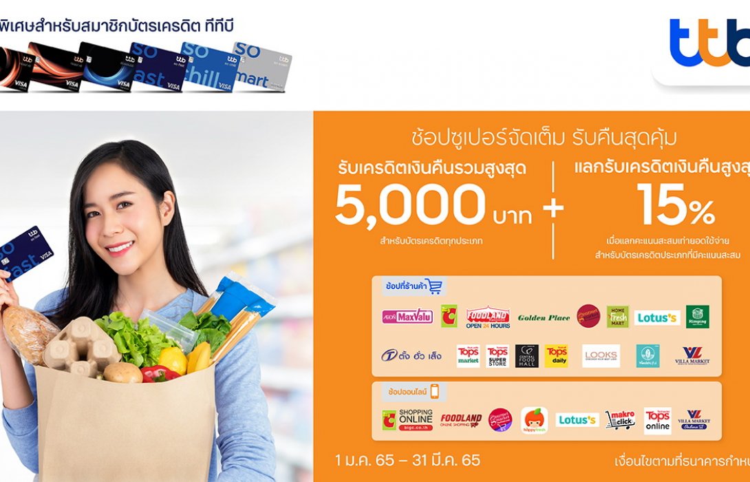 บัตรเครดิต ทีทีบี มอบสิทธิพิเศษรับเครดิตเงินคืนสุดคุ้มที่ซูเปอร์มาร์เก็ตชั้นนำ