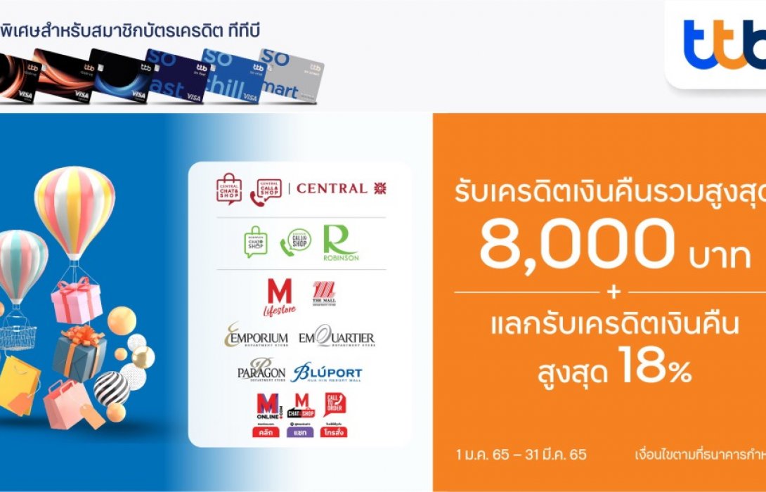 บัตรเครดิต ทีทีบี ชวนช้อปสุดคุ้มที่ห้างสรรพสินค้าชั้นนำรับเครดิตเงินคืนรวมสุงสุด8,000บาท