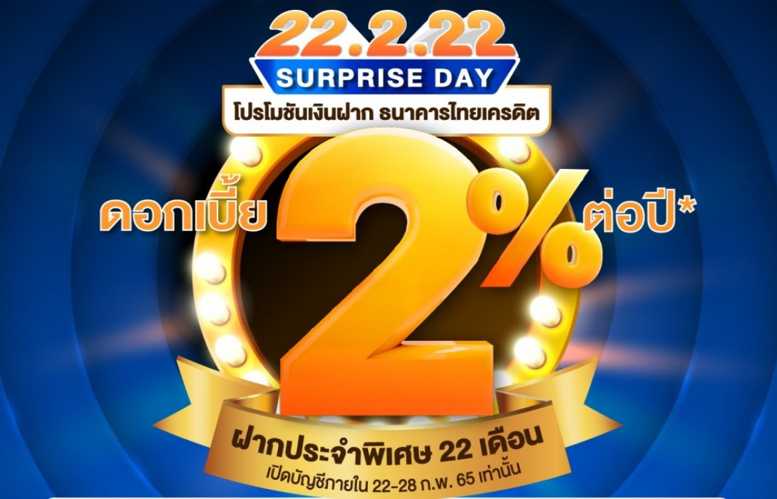 ธ.ไทยเครดิตฯ จัดเต็มผ่านแคมเปญ“22.2.22 Surprise Day”ส่งเงินฝากประจำพิเศษ 22 เดือนดอกเบี้ยสูง2% 