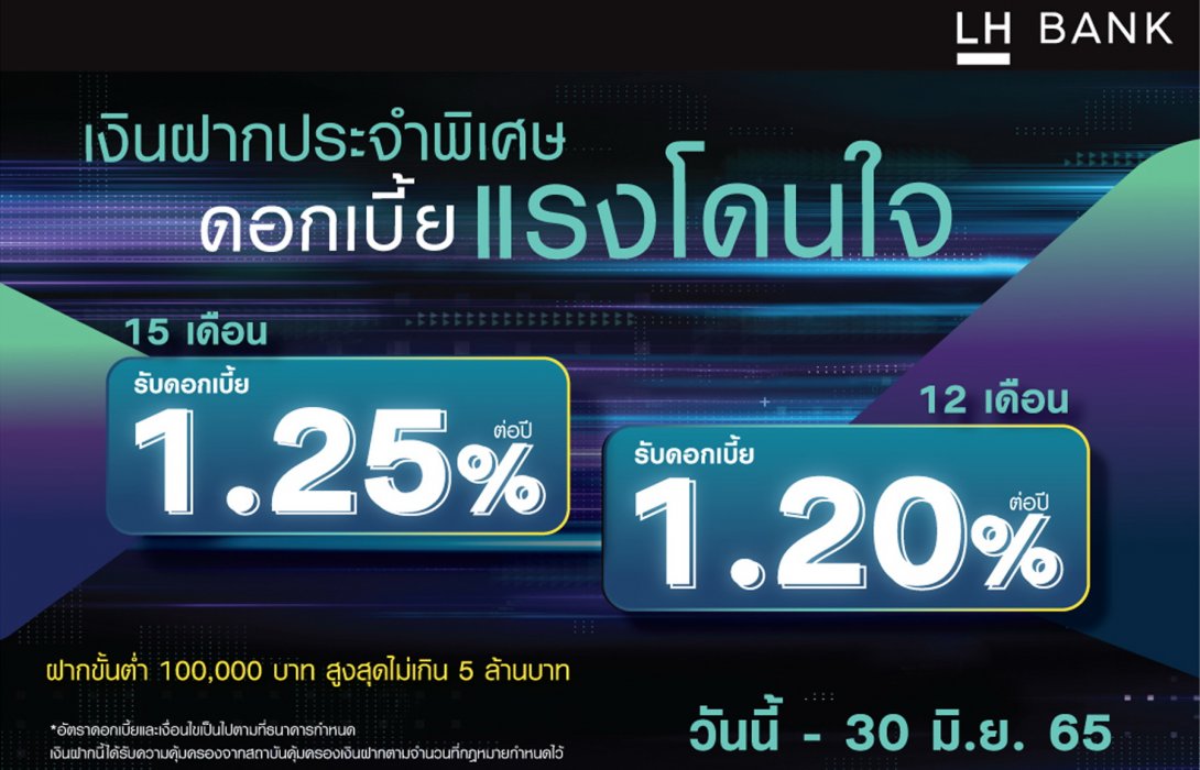 LH Bank ออกเงินฝากประจำพิเศษ ชูดอกเบี้ยแรงโดนใจ15เดือน ดอกเบี้ย1.25% และ12 เดือน ดอกเบี้ย 1.20%