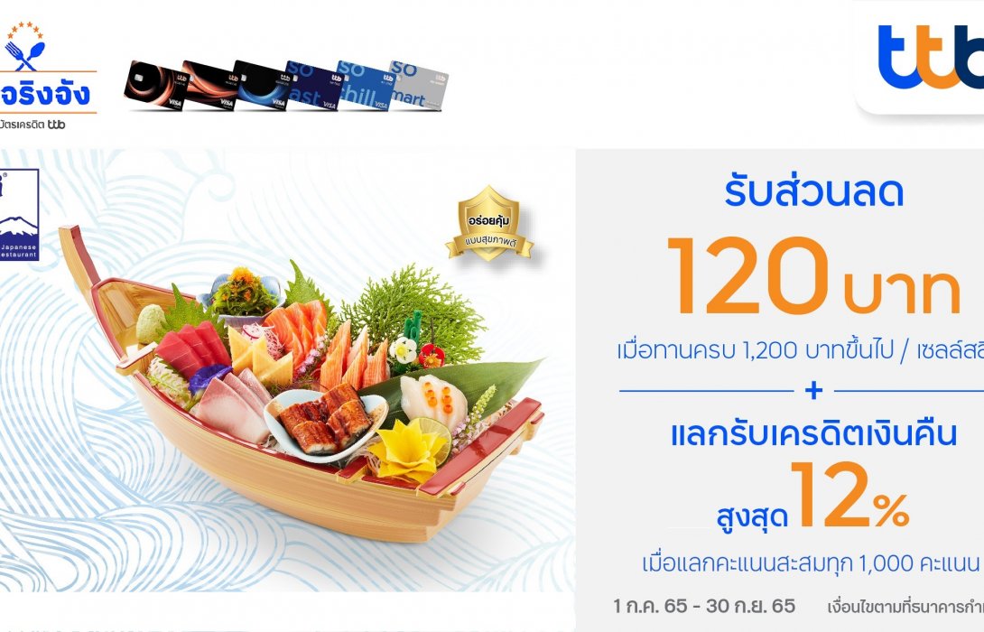 บัตรเครดิต ทีทีบี จับมือ ฟูจิ มอบสิทธิพิเศษส่วนลด 120 บาท และแลกรับเครดิตเงินคืนสูงสุด 12% 
