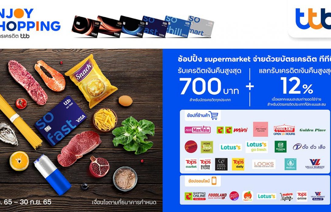 บัตรเครดิต ทีทีบี มอบสิทธิพิเศษ รับเครดิตเงินคืนสูงสุด 700 บาทและแลกรับเครดิตเงินคืนสูงสุด 12% 