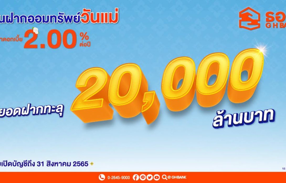 อย่ารอช้า!! เพียง2วัน ยอดฝาก ธอส.ทะลุ 20,000 ล้านบาท แล้ว เงินฝากออมทรัพย์วันแม่ ดอกเบี้ย 2.00% 