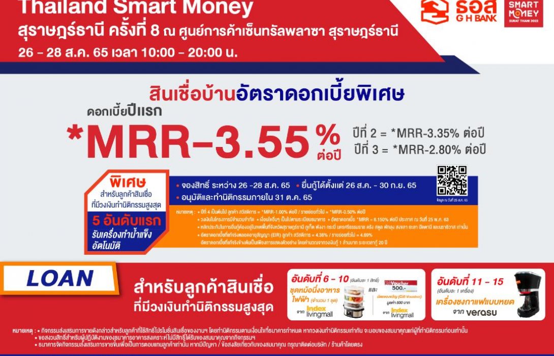 ธอส.ลงใต้คัดโปรเด็ดสินเชื่อบ้าน ดอกเบี้ยคงที่ปีแรก 2.60% ต่อปีที่งาน “Thailand Smart Money สุราษฎร์ธานี ครั้งที่ 8”  