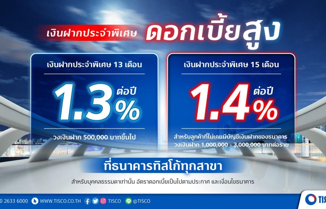 ธนาคารทิสโก้ใจป้ำ จัดเงินฝากประจำพิเศษ15เดือน ดอกเบี้ยสูง1.4% ต่อปี  