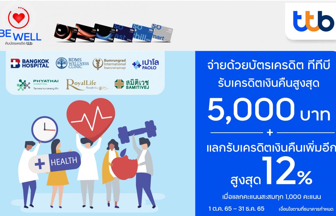 บัตรเครดิต ทีทีบี จับมือ 5 โรงพยาบาลชั้นนำ และในเครือ มอบเครดิตเงินคืนสูงสุด 5,000 บาท 