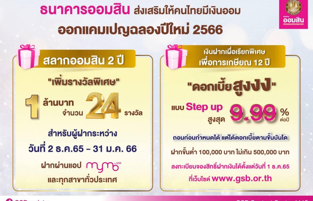 ออมสิน จัดของขวัญปีใหม่ เพิ่มรางวัลพิเศษสลากออมสิน 1 ล้านบาท 24 รางวัล