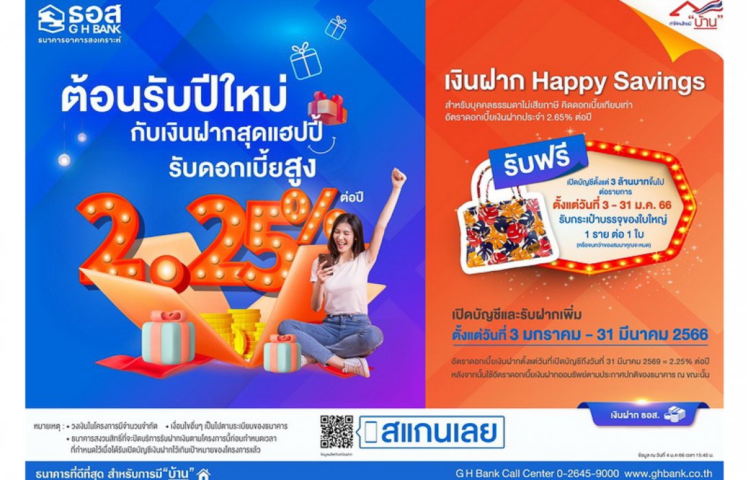 ธอส. ร่วมต้อนรับปีใหม่ 2566 เปิดตัวเงินฝากออมทรัพย์ Happy Savings อัตราดอกเบี้ยสูงสุด 2.25% ต่อปี