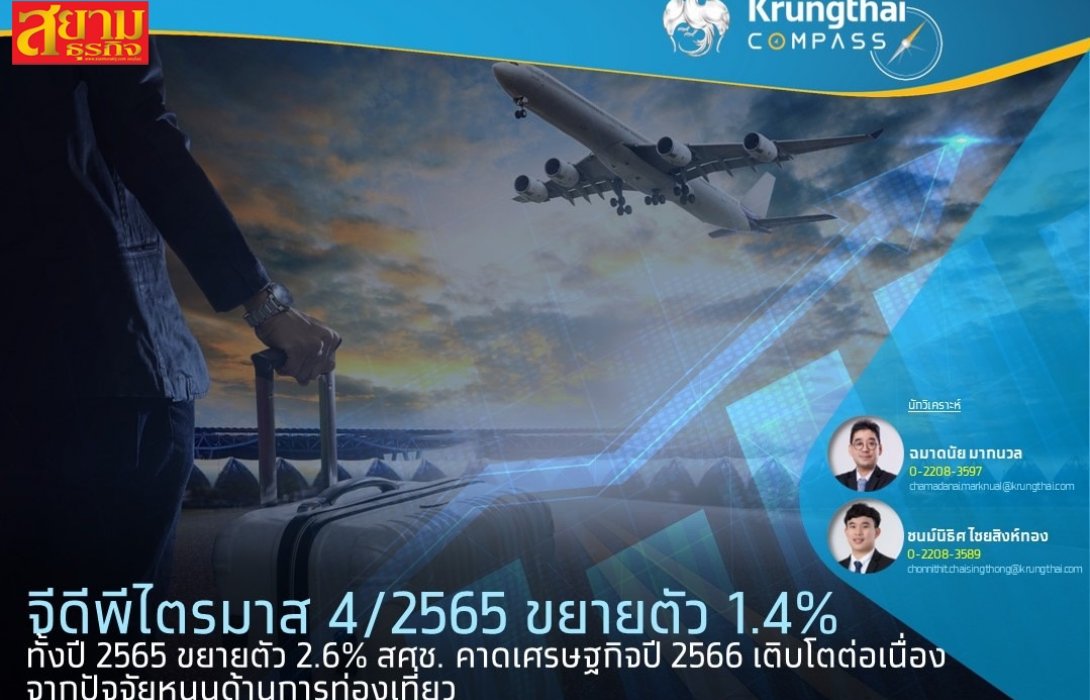 จีดีพีไตรมาส 4/2565 ขยายตัว 1.4% ทั้งปี 2565 ขยายตัว 2.6% สศช. คาดเศรษฐกิจปี 2566 เติบโตต่อเนื่องจากปัจจัยหนุนด้านการท่องเที่ยว