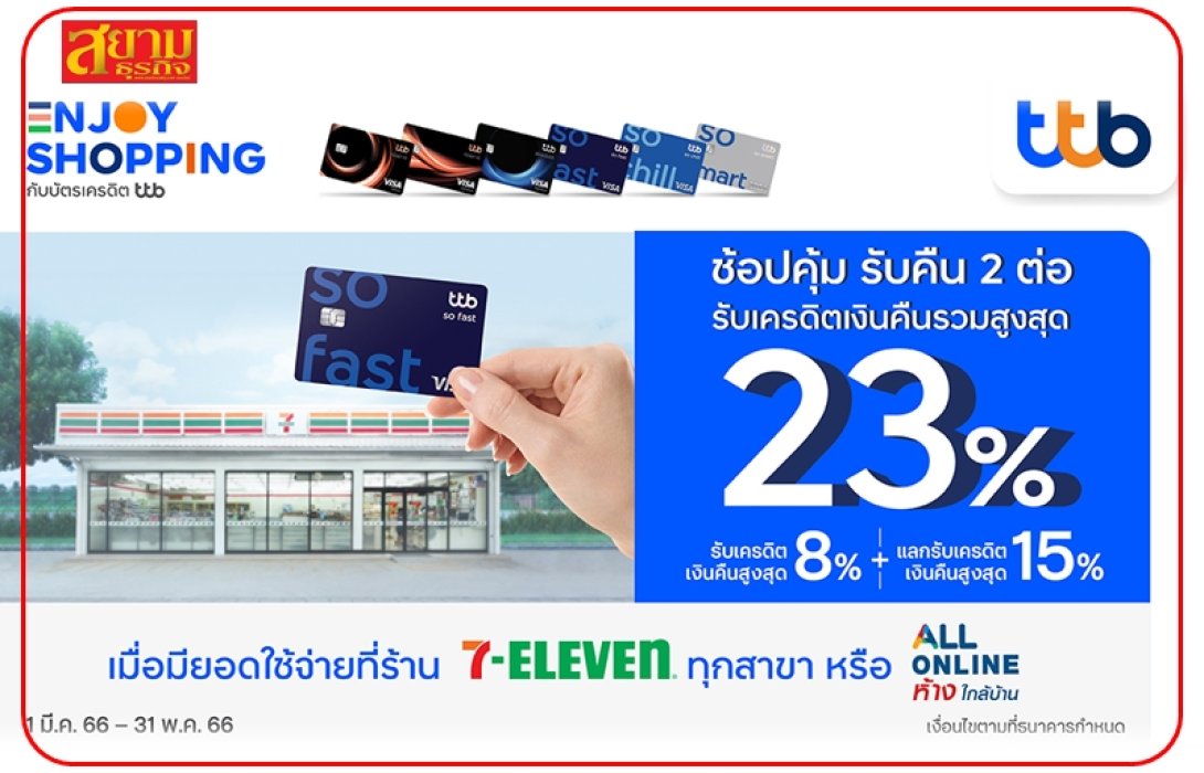 ช้อปคุ้ม รับคืน 2 ต่อ กับบัตรเครดิต ttb ที่ 7-Eleven รับเครดิตเงินคืนรวมสูงสุด 23%