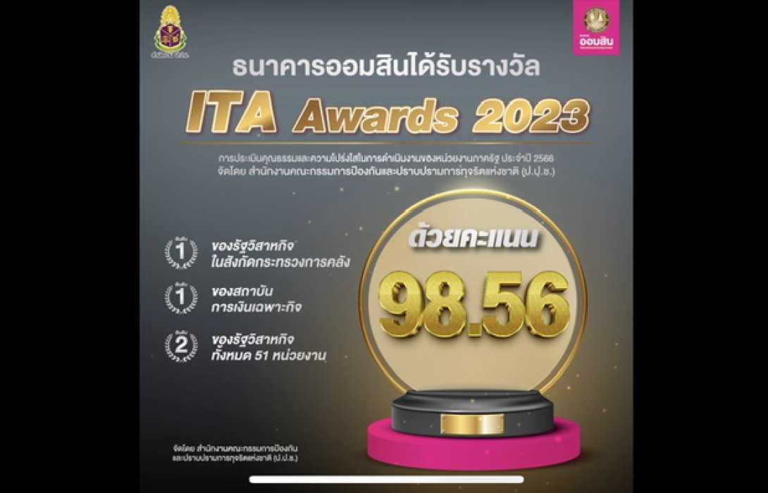 ออมสิน คว้ารางวัล ITA 2023 ด้วยคะแนน 98.56 สูงเป็นอันดับ 1 ของรัฐวิสาหกิจสังกัดกระทรวงการคลัง 