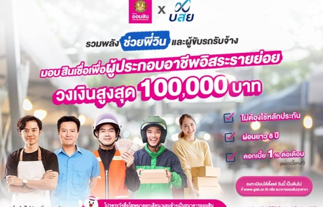 ออมสิน รวมพลัง บสย. ออกสินเชื่อเพื่อผู้ประกอบอาชีพอิสระรายย่อย ให้กู้รายละไม่เกิน 1 แสนบาท ดอก 1%