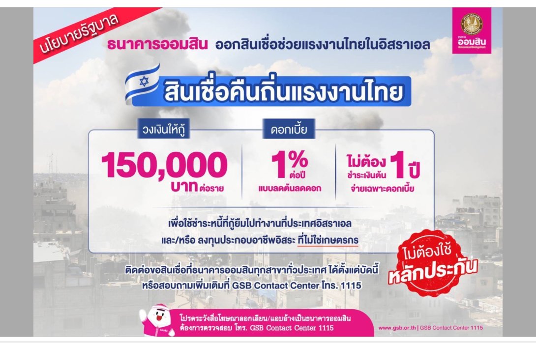 ออมสิน ย้ำ สินเชื่อคืนถิ่นแรงงานไทยในอิสราเอล กู้ได้แล้วทุกสาขา 